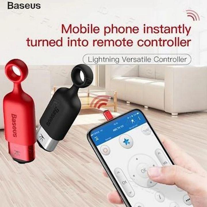 Baseus lightning versatile controller adapter shown in red and black, with a hand holding a smartphone displaying a remote control app interface, set against a living room background with text overlays.