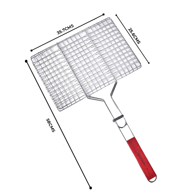 A non-stick metal BBQ grill basket with a long, light-colored wooden handle, shown closed and ready for grilling vegetables or fish.