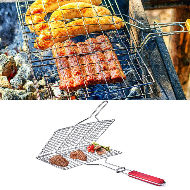 A non-stick metal BBQ grill basket with a long, light-colored wooden handle, shown closed and ready for grilling vegetables or fish.