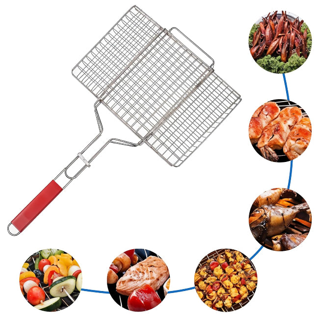 A non-stick metal BBQ grill basket with a long, light-colored wooden handle, shown closed and ready for grilling vegetables or fish.