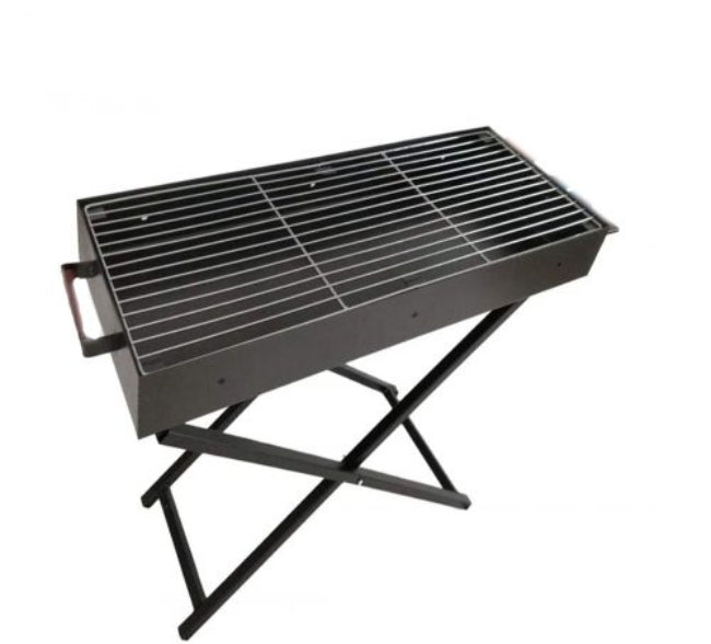 A fully assembled, portable charcoal BBQ grill stand made of stainless steel, showing the 31.5-inch long cooking surface, ideal for camping.
