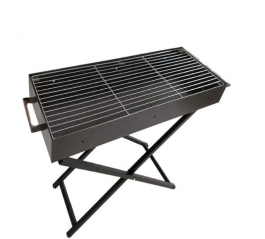 A fully assembled, portable charcoal BBQ grill stand made of stainless steel, showing the 31.5-inch long cooking surface, ideal for camping.