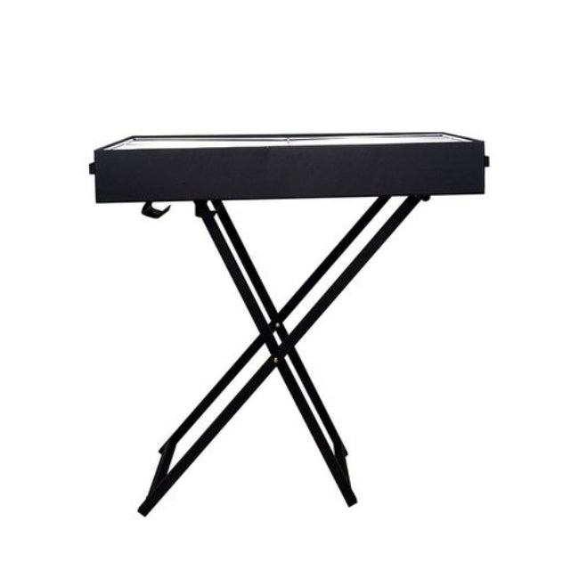 A fully assembled, portable charcoal BBQ grill stand made of stainless steel, showing the 31.5-inch long cooking surface, ideal for camping.