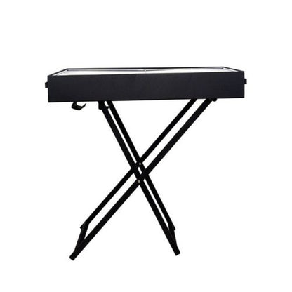 A fully assembled, portable charcoal BBQ grill stand made of stainless steel, showing the 31.5-inch long cooking surface, ideal for camping.