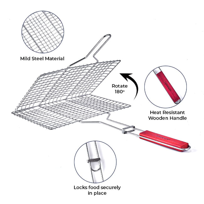 A non-stick metal BBQ grill basket with a long, light-colored wooden handle, shown closed and ready for grilling vegetables or fish.