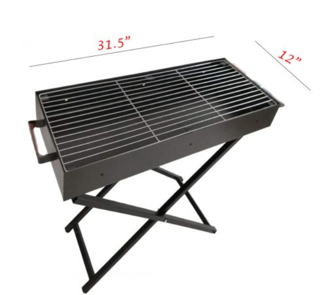 A fully assembled, portable charcoal BBQ grill stand made of stainless steel, showing the 31.5-inch long cooking surface, ideal for camping.