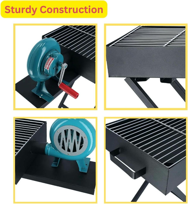 A black portable charcoal BBQ grill with a stand, showing the side-mounted manual hand-crank blower fan integrated into the unit.