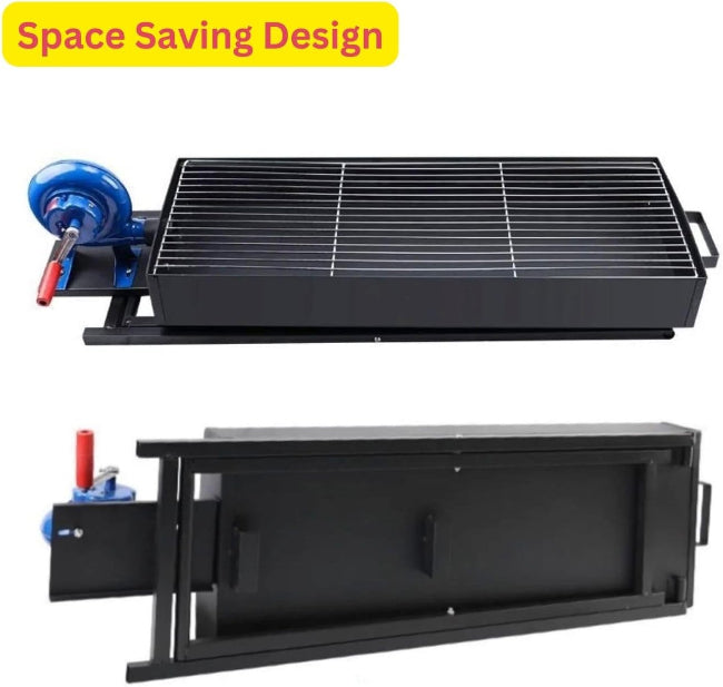 A black portable charcoal BBQ grill with a stand, showing the side-mounted manual hand-crank blower fan integrated into the unit.