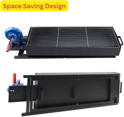 A black portable charcoal BBQ grill with a stand, showing the side-mounted manual hand-crank blower fan integrated into the unit.