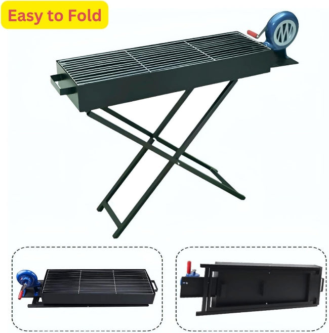 A black portable charcoal BBQ grill with a stand, showing the side-mounted manual hand-crank blower fan integrated into the unit.