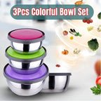 3 Pc Bowl Set Stainless Steel Box Bowls WITH Lids Mixing Bowl Stackable Easy Cleaning - AABA MALL