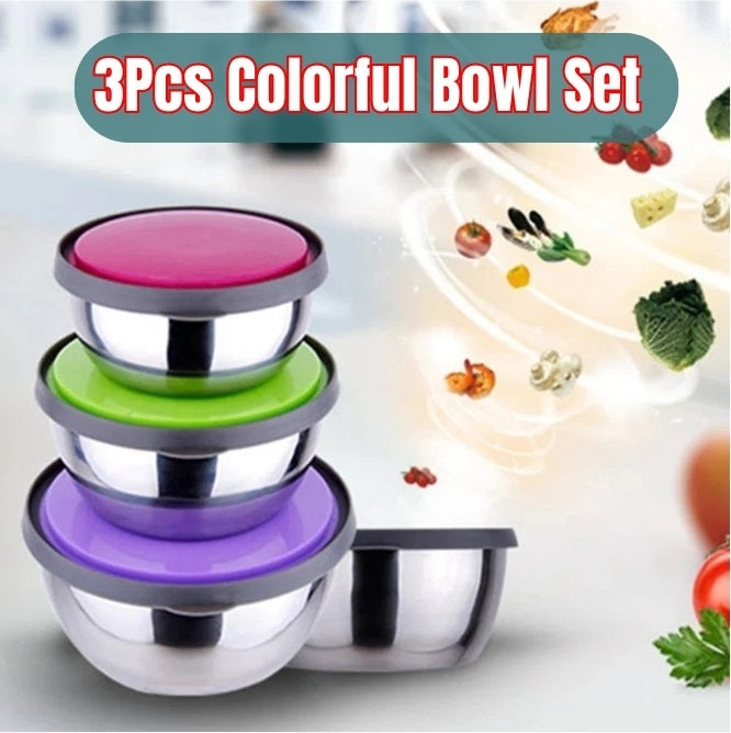 3 Pc Bowl Set Stainless Steel Box Bowls WITH Lids Mixing Bowl Stackable Easy Cleaning - AABA MALL