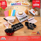 Baking time bundle pack with various kitchen tools on a wooden surface