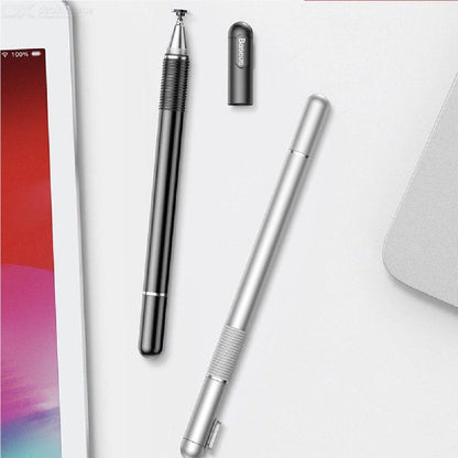 Close-up of the BASEUS universal 2-in-1 stylus pen showing both the transparent precision disc tip and the fiber tip. Aluminum body, silver color.