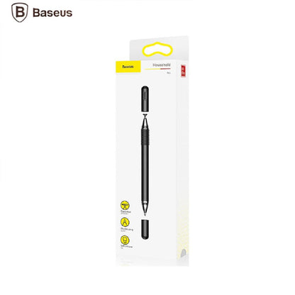 Close-up of the BASEUS universal 2-in-1 stylus pen showing both the transparent precision disc tip and the fiber tip. Aluminum body, silver color.