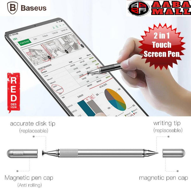 Close-up of the BASEUS universal 2-in-1 stylus pen showing both the transparent precision disc tip and the fiber tip. Aluminum body, silver color.