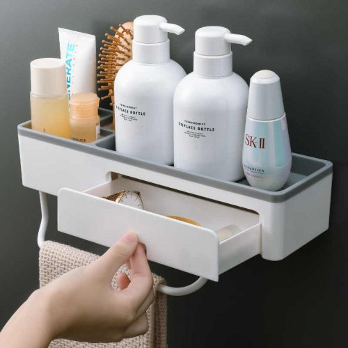 Bathroom Shelf Shower Rack with Drawer | Wall-Mounted Basket Organizer & Towel Rack | No-Drill Installation
