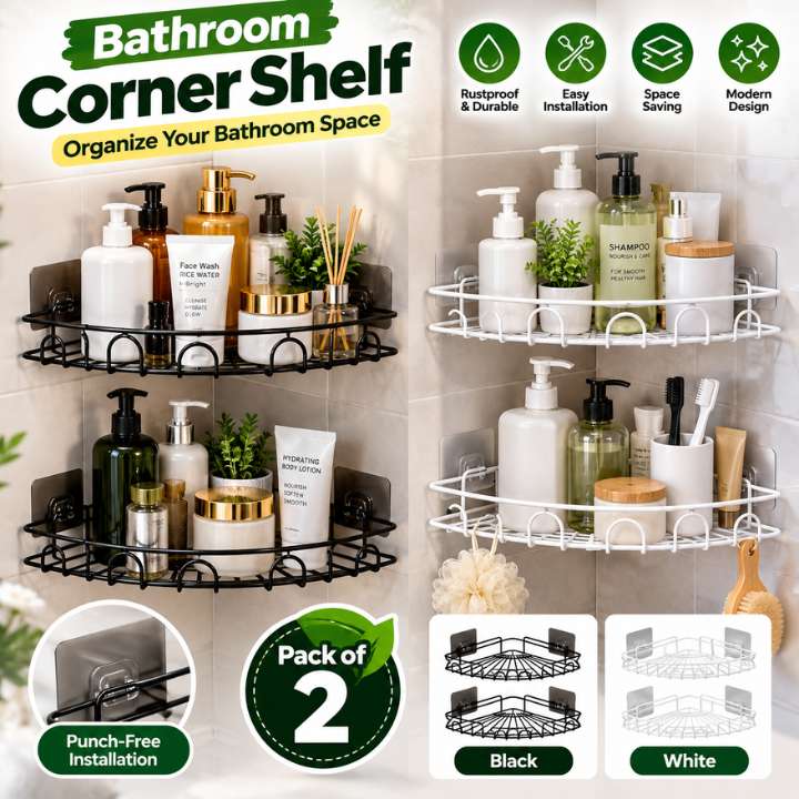 Black wall mounted bathroom corner shelf pack of 2 rustproof shower caddy organizer for shampoo soap and toiletries storage