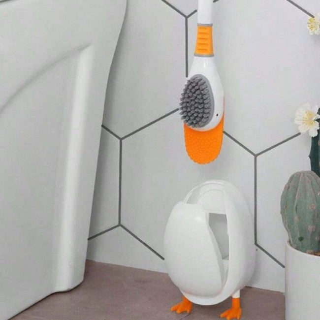 Cute duck shape toilet brush and holder set, decorative bathroom cleaning brush with hygienic plastic storage base