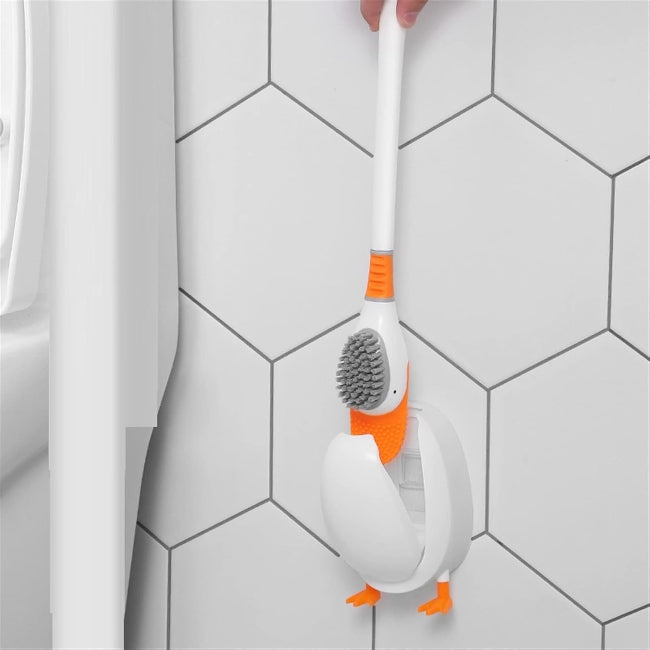 Cute duck shape toilet brush and holder set, decorative bathroom cleaning brush with hygienic plastic storage base