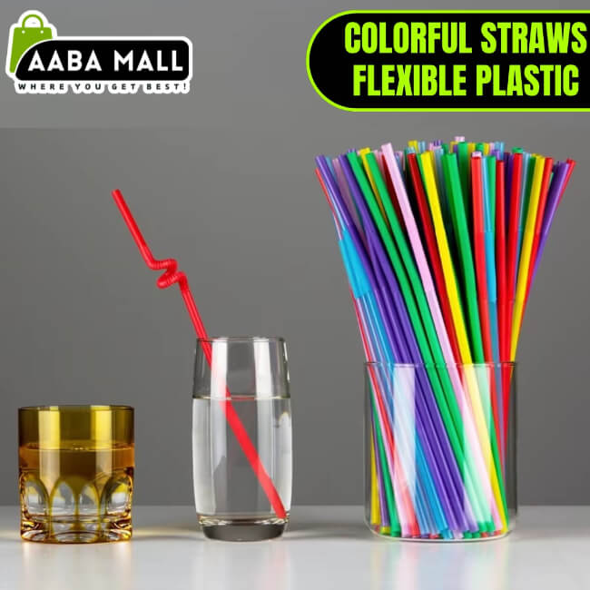 Colorful straws in a container with a glass of water and a glass of juice, branded as Aaba Mall.