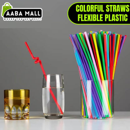 Colorful straws in a container with a glass of water and a glass of juice, branded as Aaba Mall.