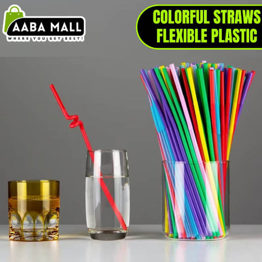 Colorful straws in a container with a glass of water and a glass of juice, branded as Aaba Mall.