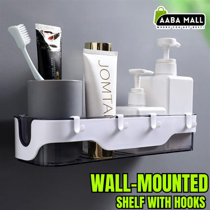 Kitchen Bathroom Shelf Wall-mounted Storage Rack with Hooks Plastic Container Storage Organizer No Drilling Shelves - AABA MALL