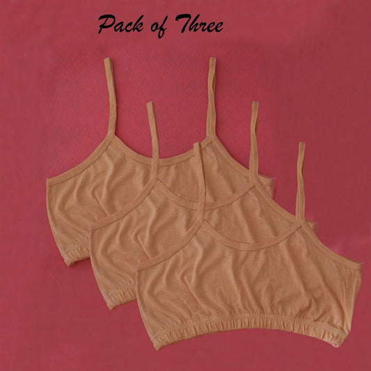 Three beige camisoles on a pink background with 'Pack of Three' text.
