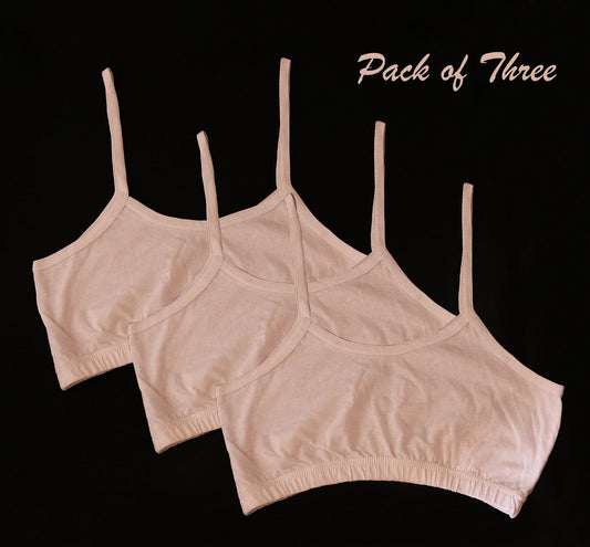 Pack of three beige bras on a black background with 'Pack of Three' text.