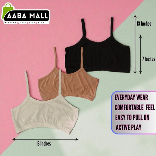 Three crop tops in black, brown, and beige on a pink and green gradient background with AABA MALL branding.