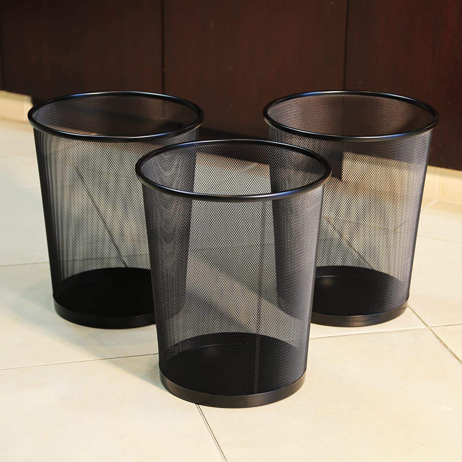 Black metal mesh garbage bin
