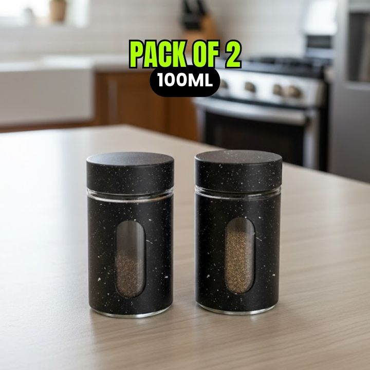 2-Piece Marble Glass Seasoning Bottle Set – 100ML Salt & Spice Shakers (Namak Dani)