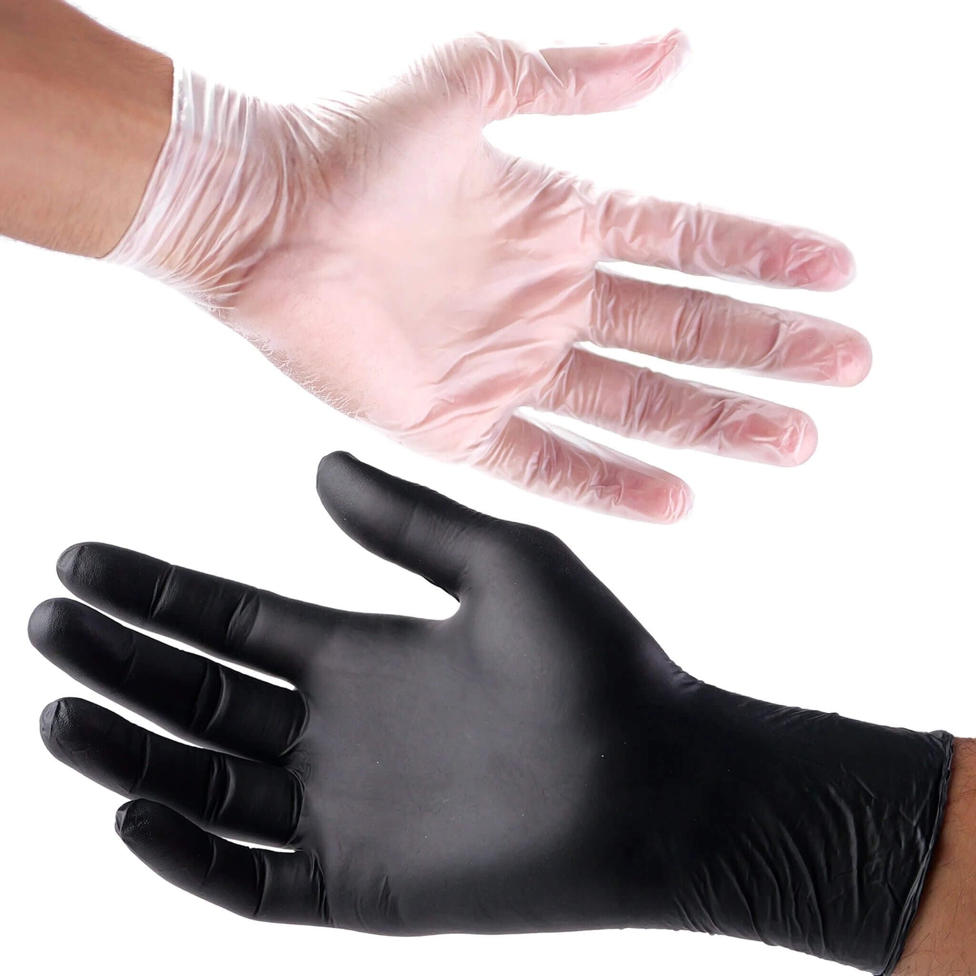 Black and clear vinyl gloves on hands with a white background