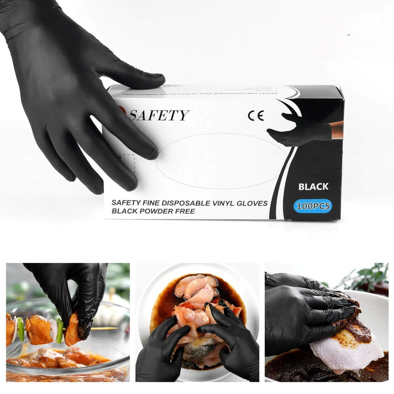 Black disposable vinyl gloves with a box labeled 'Safety' on a white background.