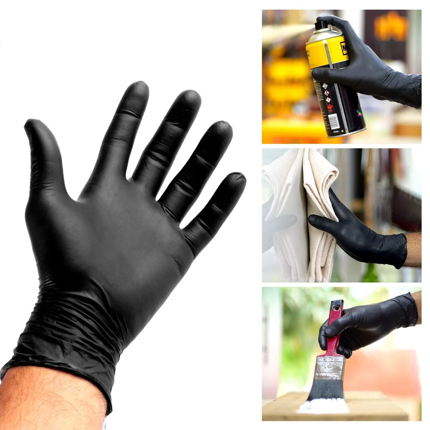 Black gloves being used for cleaning and maintenance tasks.