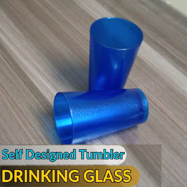 Image of six blue 300ML food-grade plastic tumblers with a vertical ribbed pattern, shown filled with ice and water on a sunny outdoor table.