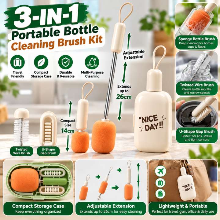 Portable 3-in-1 bottle cleaning brush kit with sponge bottle brush, U-shape cup cleaner, gap cleaning brush and storage case for water bottles and tumblers