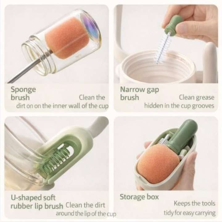 Portable 3-in-1 bottle cleaning brush kit with sponge bottle brush, U-shape cup cleaner, gap cleaning brush and storage case for water bottles and tumblers