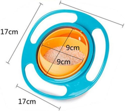 Gyro Bowl with blue ring and yellow center, shown rotating 360 degrees to prevent cereal from spilling out, illustrating the spill-proof design for a toddler.