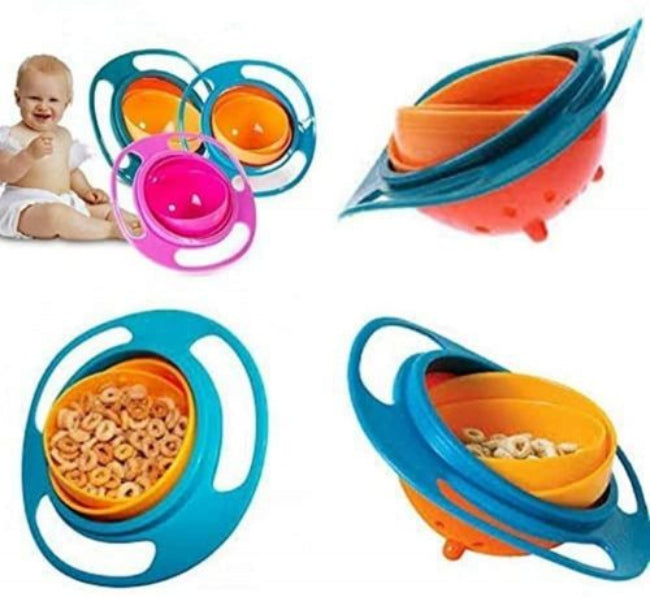 Gyro Bowl with blue ring and yellow center, shown rotating 360 degrees to prevent cereal from spilling out, illustrating the spill-proof design for a toddler.