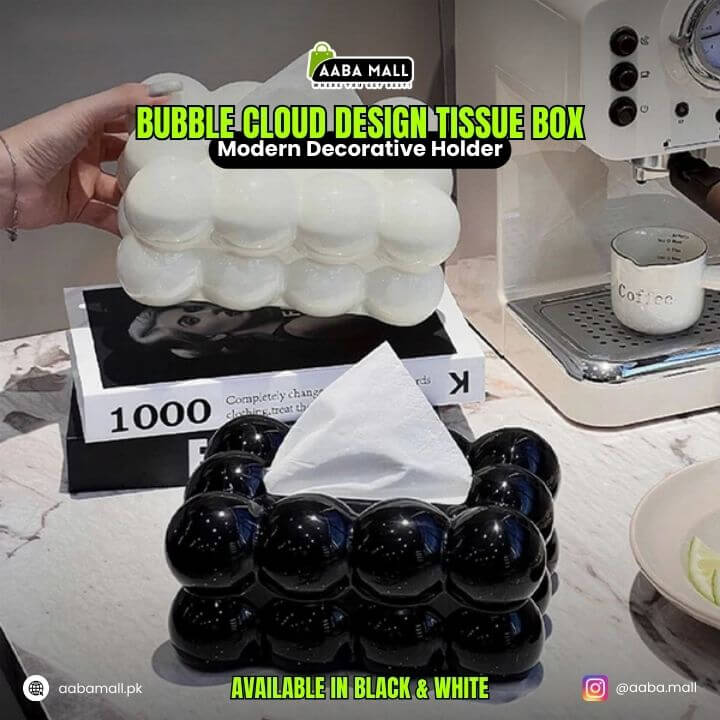 Decorative tissue box with bubble cloud design on a kitchen counter, featuring AABA MALL branding.