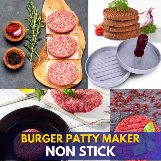 Collage of images showing a burger patty maker with raw meat, ingredients, and cooked burgers.