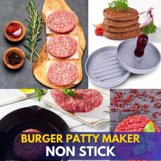 Collage of images showing a burger patty maker with raw meat, ingredients, and cooked burgers.