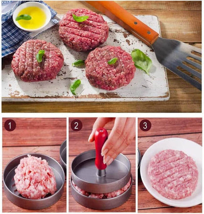 Step-by-step process of making hamburger patties with ground meat, a press, and basil leaves.
