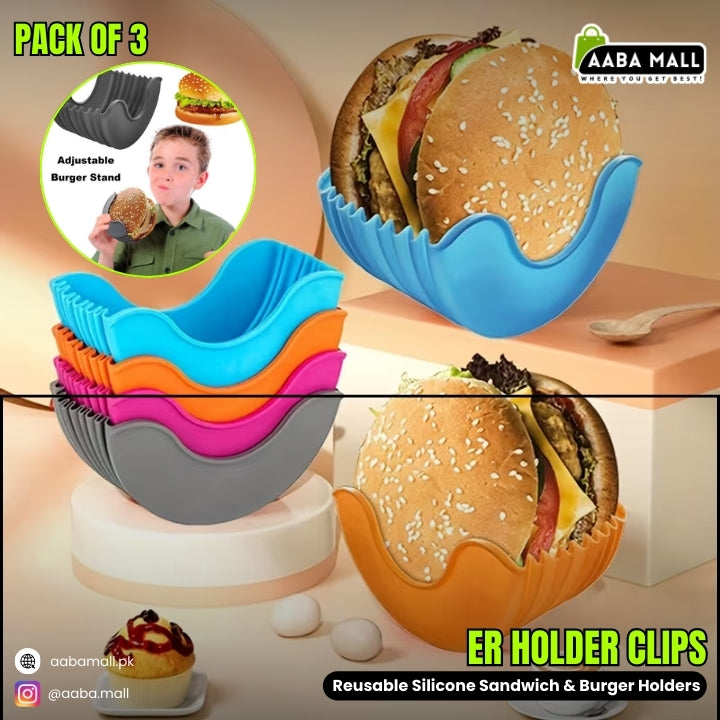 Pack of 3 Burger Holder Clips – Reusable Silicone Sandwich & Burger Holders