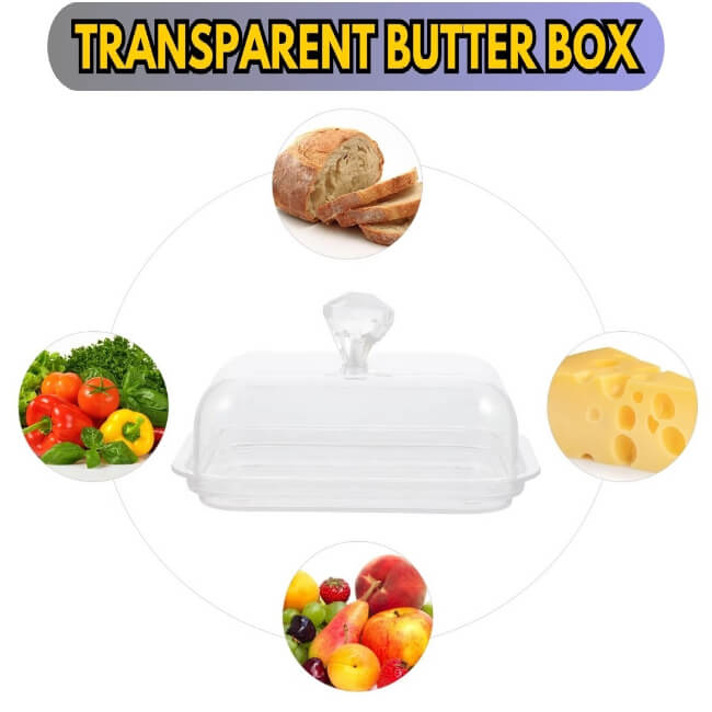 Transparent butter box with images of bread, vegetables, and fruit around it.