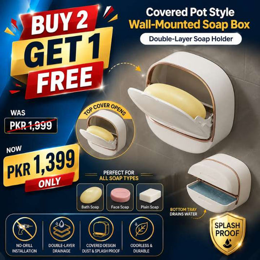 Buy 2 Get 1 Free | Covered Pot Style Wall-Mounted Soap Box | Double-Layer Splash-Proof Soap Holder | No-Drill Bathroom & Kitchen Organizer
