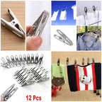 12pcs Stainless Steel CHUTKI Clips Clothing HOOKS Clamps Sealing Clip Household Clothespin Clothes Pegs - AABA MALL
