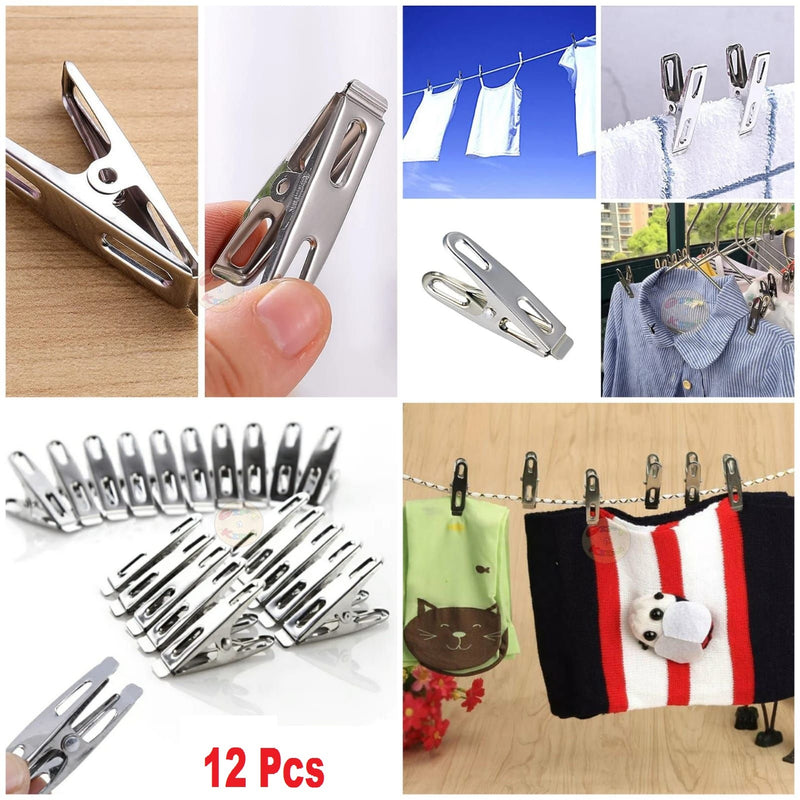 12pcs Stainless Steel CHUTKI Clips Clothing HOOKS Clamps Sealing Clip Household Clothespin Clothes Pegs - AABA MALL
